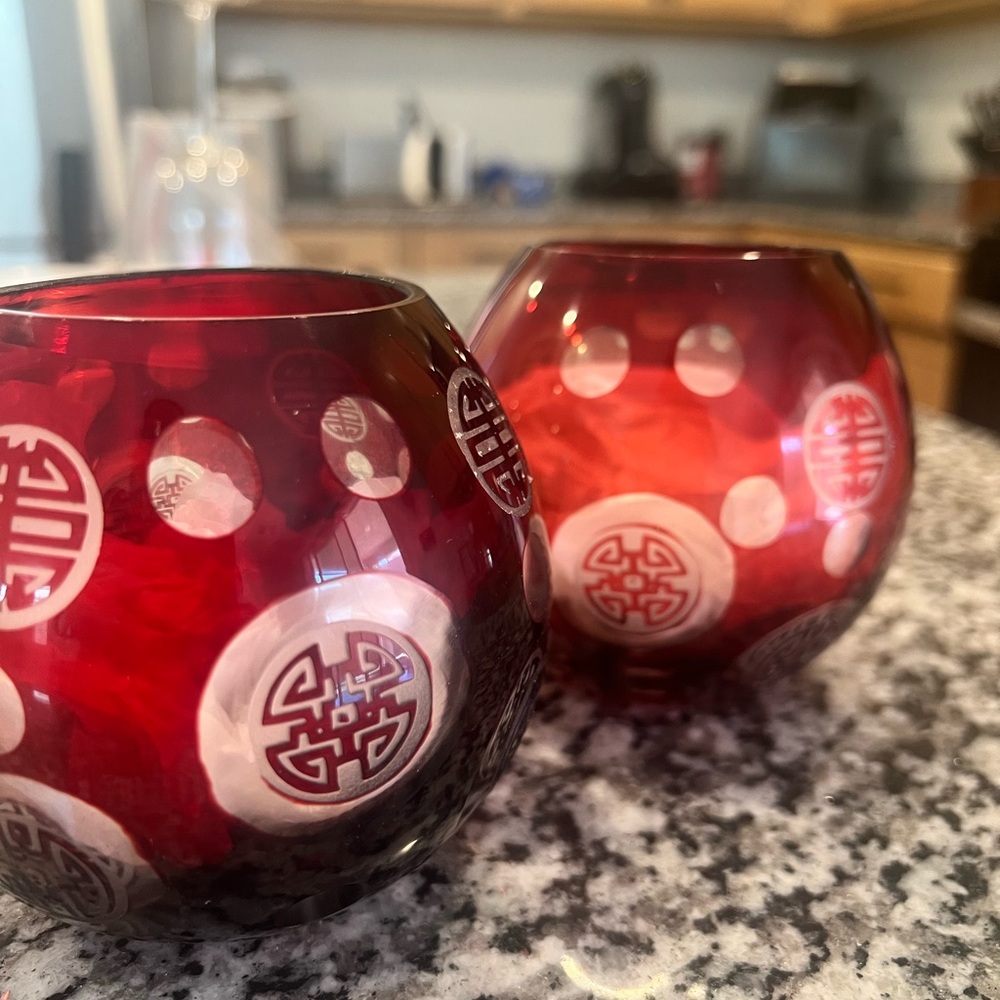 Red Glass Candle Holders with Asian Motif